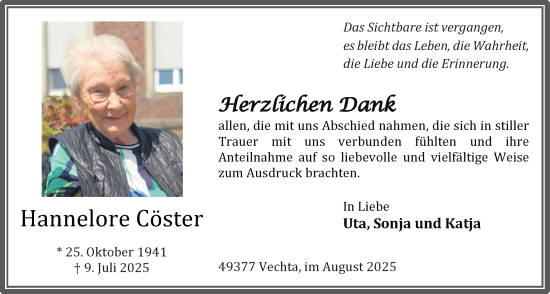 Anzeige von Hannelore Cöster von OM-Medien