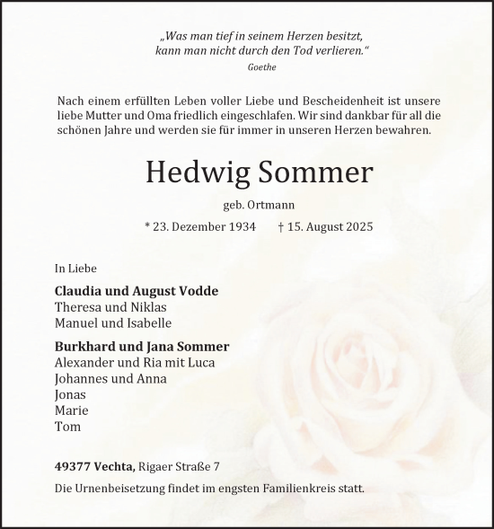 Anzeige von Hedwig Sommer von OM-Medien