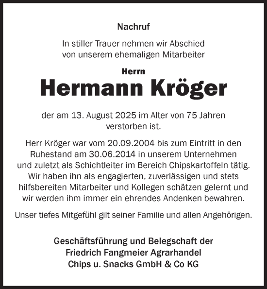 Anzeige von Hermann Kröger von OM-Medien