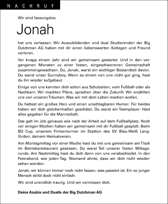 Anzeige von Jonah Kossen von OM-Medien