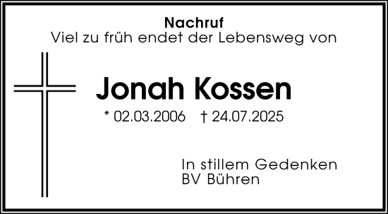 Anzeige von Jonah Kossen von OM-Medien