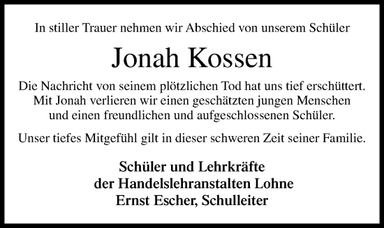 Anzeige von Jonah Kossen von OM-Medien