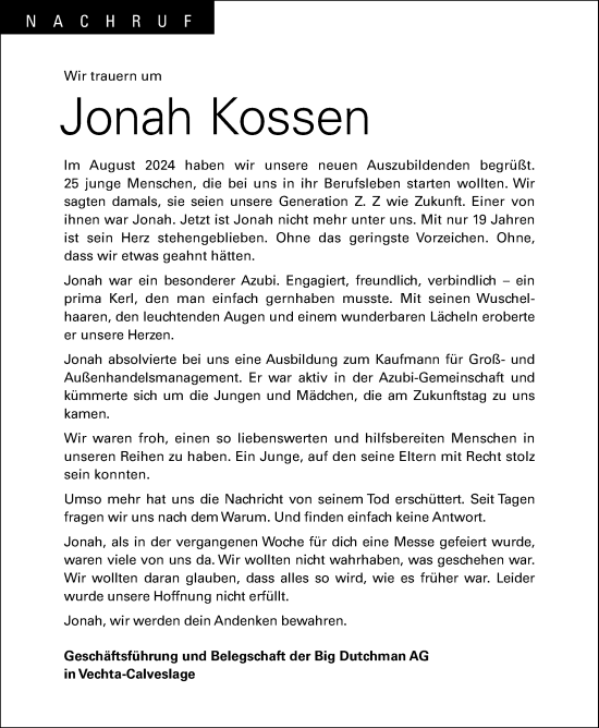 Anzeige von Jonah Kossen von OM-Medien