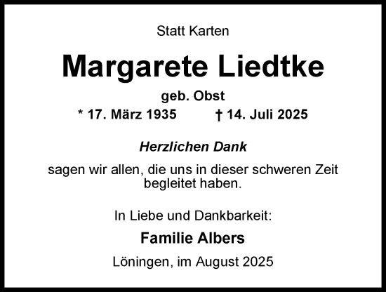 Anzeige von Margarete Liedtke von OM-Medien