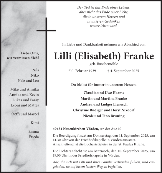 Anzeige von Lilli (Elisabeth) Franke  von OM Medien