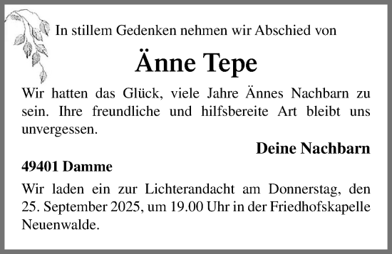 Anzeige von Änne Tepe von OM-Medien