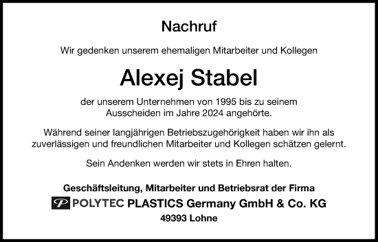 Anzeige von Alexej Stabel von OM-Medien