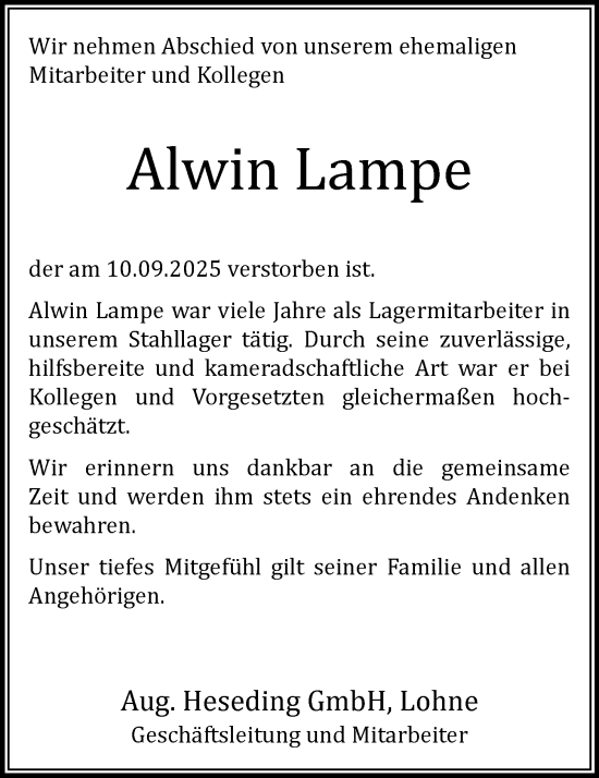 Anzeige von Alwin Lampe von OM-Medien
