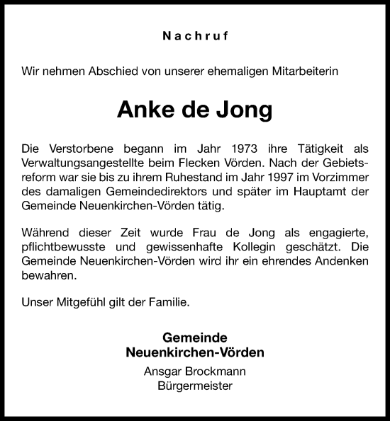 Anzeige von Anke de Jong von OM-Medien