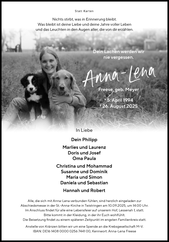 Anzeige von Anna-Lena Freese von OM-Medien