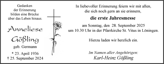Anzeige von Anneliese Gößling von OM-Medien