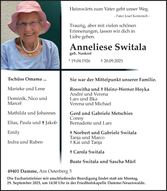 Anzeige von Anneliese Switala von OM-Medien