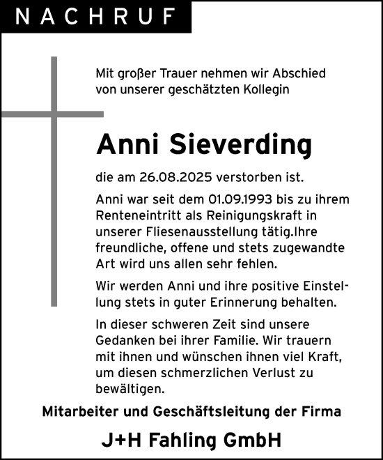 Anzeige von Anni Sieverding von OM-Medien