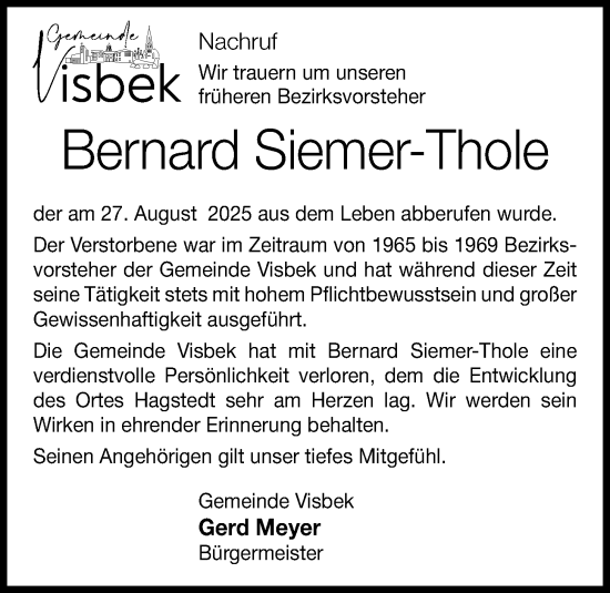 Anzeige von Bernard Siemer-Thole von OM-Medien