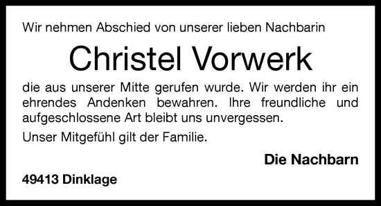 Anzeige von Christel Vorwerk von OM-Medien