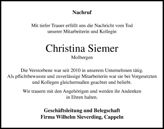 Anzeige von Christina Siemer von OM-Medien