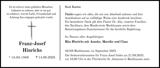 Anzeige von Franz-Josef Hinrichs von OM-Medien