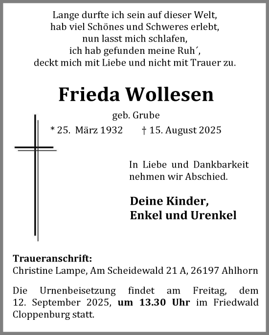 Anzeige von Frieda Wollesen von OM-Medien