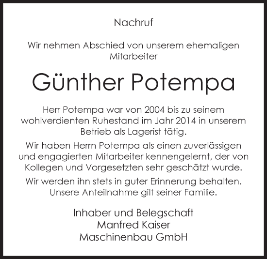 Anzeige von Günther Potempa von OM-Medien