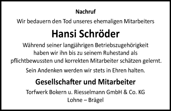 Anzeige von Hansi Schröder von OM-Medien