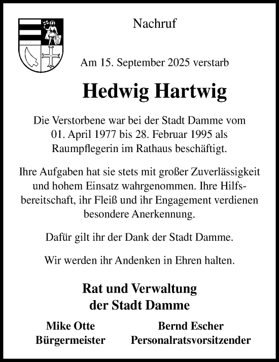 Anzeige von Hedwig Hartwig von OM-Medien