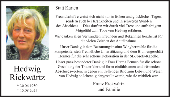 Anzeige von Hedwig Rickwärtz von OM-Medien