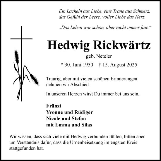 Anzeige von Hedwig Rickwärtz von OM-Medien