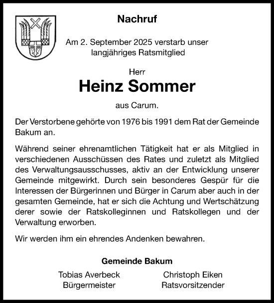 Anzeige von Heinz Sommer von OM-Medien