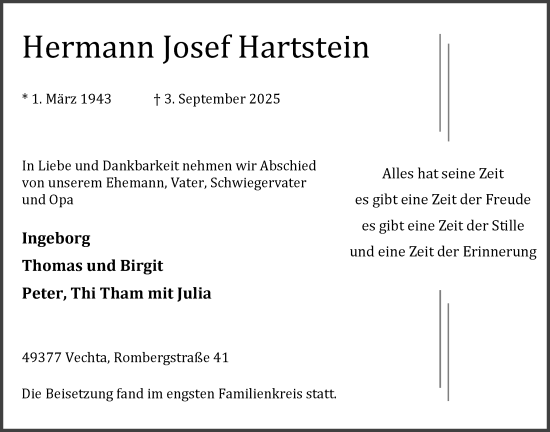 Anzeige von Hermann Josef Hartstein von OM-Medien