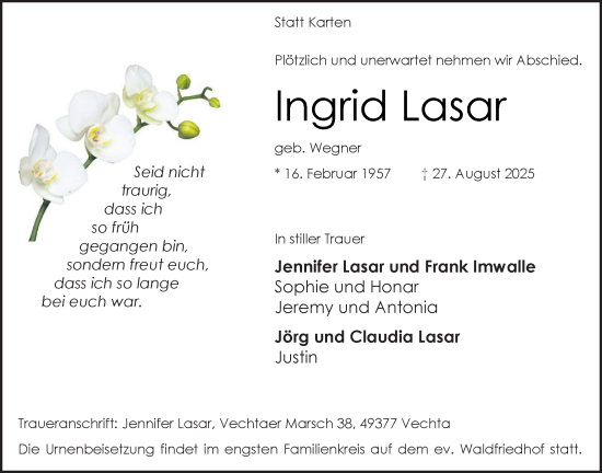 Anzeige von Ingrid Lasar von OM-Medien