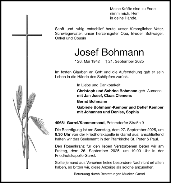 Anzeige von Josef Bohmann von OM-Medien