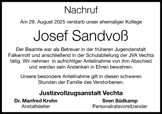Anzeige von Josef Sandvoß von OM-Medien