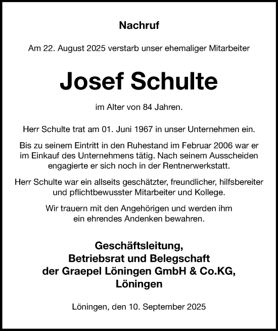 Anzeige von Josef Schulte von OM-Medien