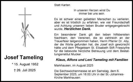 Anzeige von Josef Tameling von OM-Medien