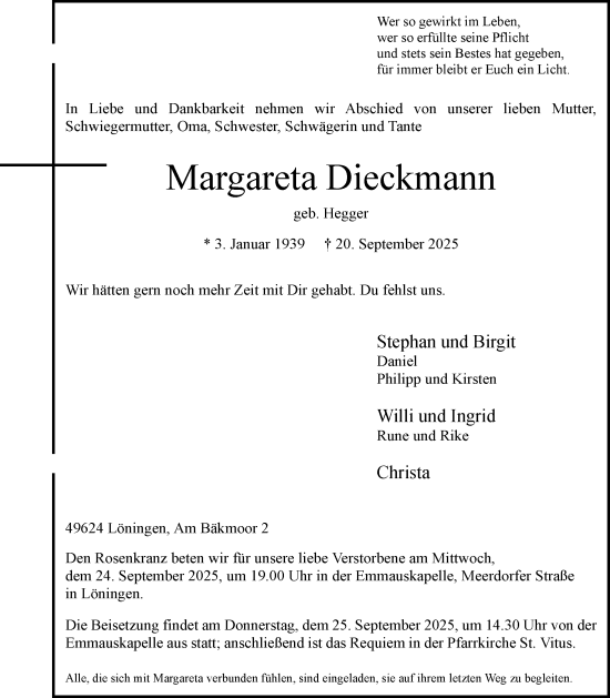 Anzeige von Margareta Dieckmann von OM-Medien