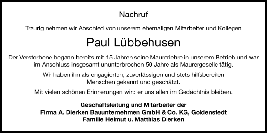 Anzeige von Paul Lübbehusen von OM-Medien
