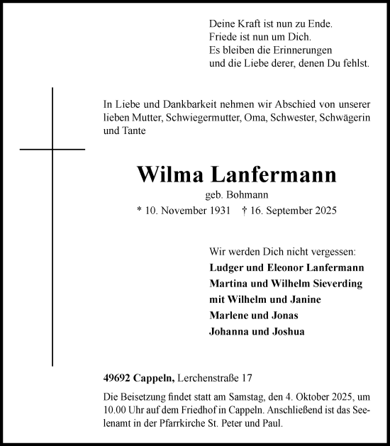 Anzeige von Wilma Lanfermann von OM-Medien