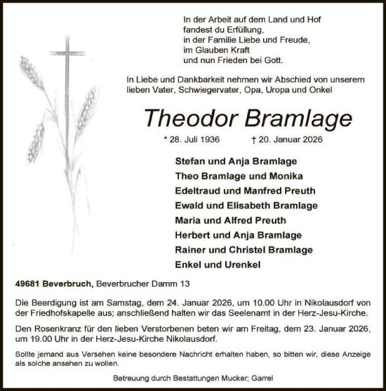 Anzeige von Theodor Bramlage von OM-Medien