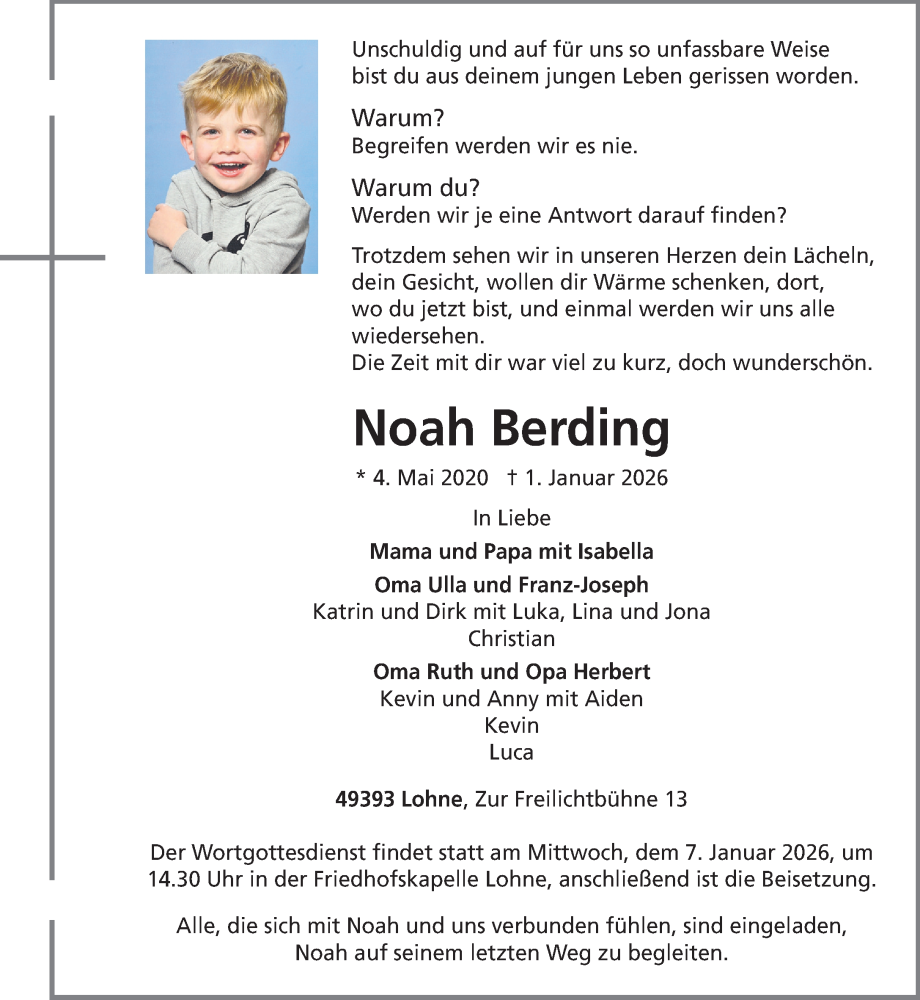  Traueranzeige für Noah Berding vom 05.01.2026 aus OM Medien