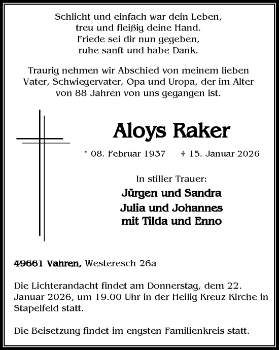 Anzeige von Aloys Raker von OM-Medien
