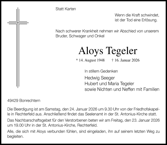 Anzeige von Aloys Tegeler von OM-Medien