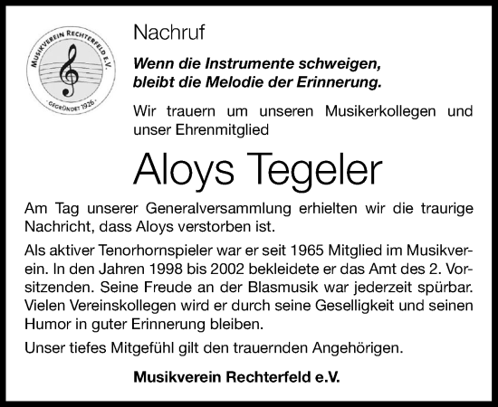 Anzeige von Aloys Tegeler von OM-Medien