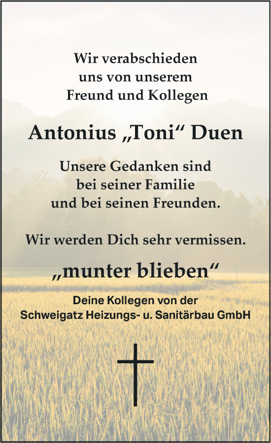 Anzeige von Antonius Duen von OM-Medien