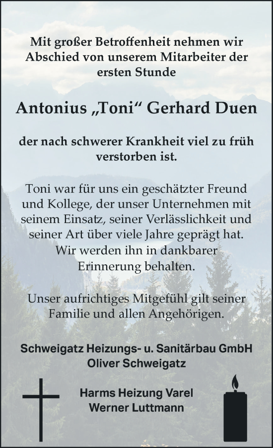 Anzeige von Antonius Gerhard Duen von OM-Medien