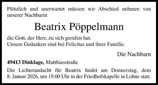 Anzeige von Beatrix Anna Hedwig Pöppelmann von OM-Medien