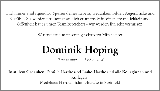 Anzeige von Dominik Hoping von OM-Medien