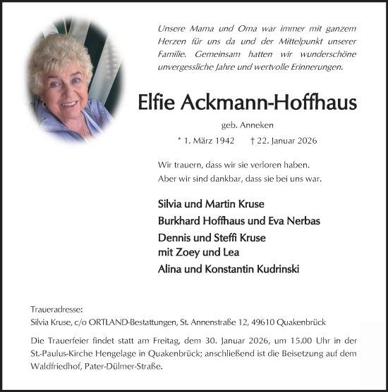 Anzeige von Elfie Ackmann-Hoffhaus von OM-Medien