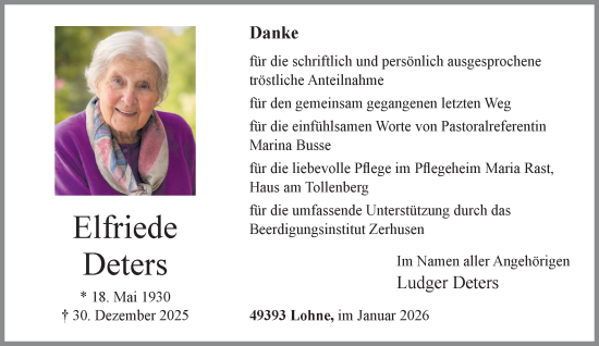 Anzeige von Elfriede Deters von OM-Medien