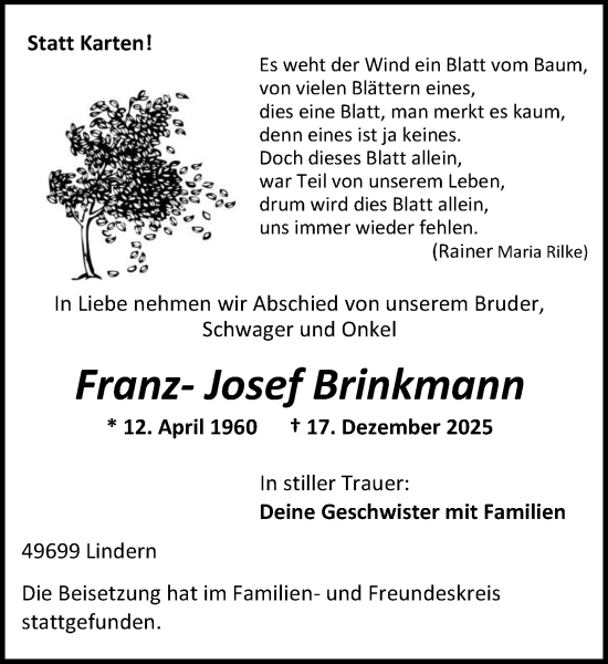 Anzeige von Franz-Josef Brinkmann von OM-Medien