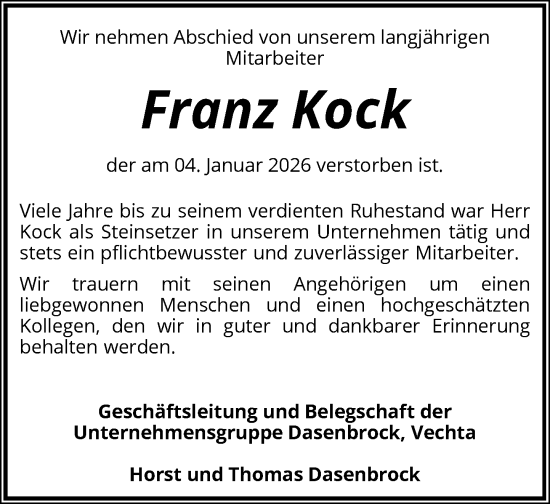 Anzeige von Franz Kock von OM-Medien